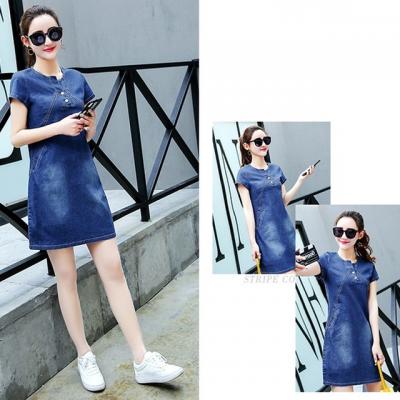 ĐẦM JEAN SUÔNG CỔ V ĐÍNH NÚT - NJ229